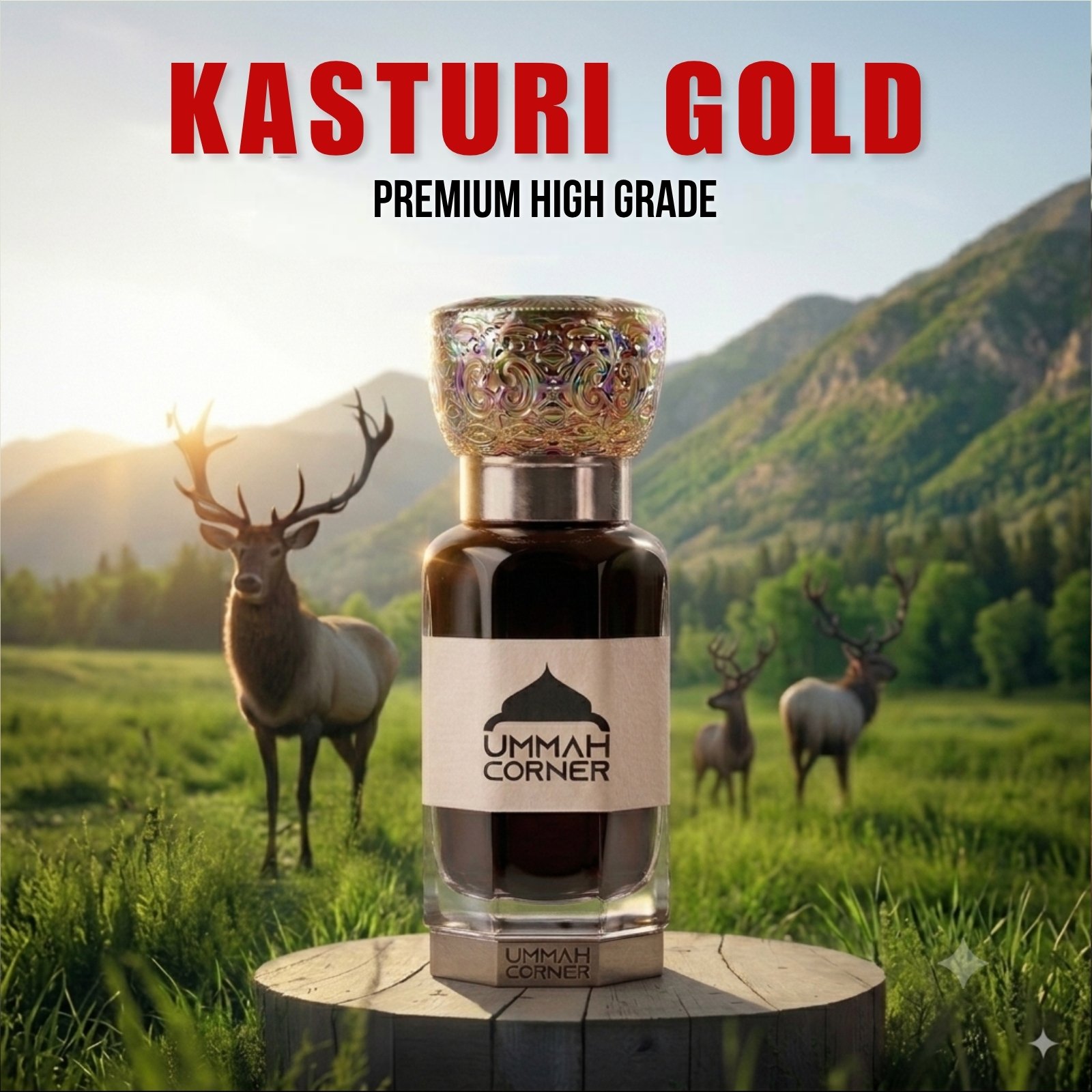 Kasturi Gold Attar – warm musk, sandalwood and woody resinous fragrance inspired by Islamic tradition. Long lasting, alcohol-free premium musk attar.