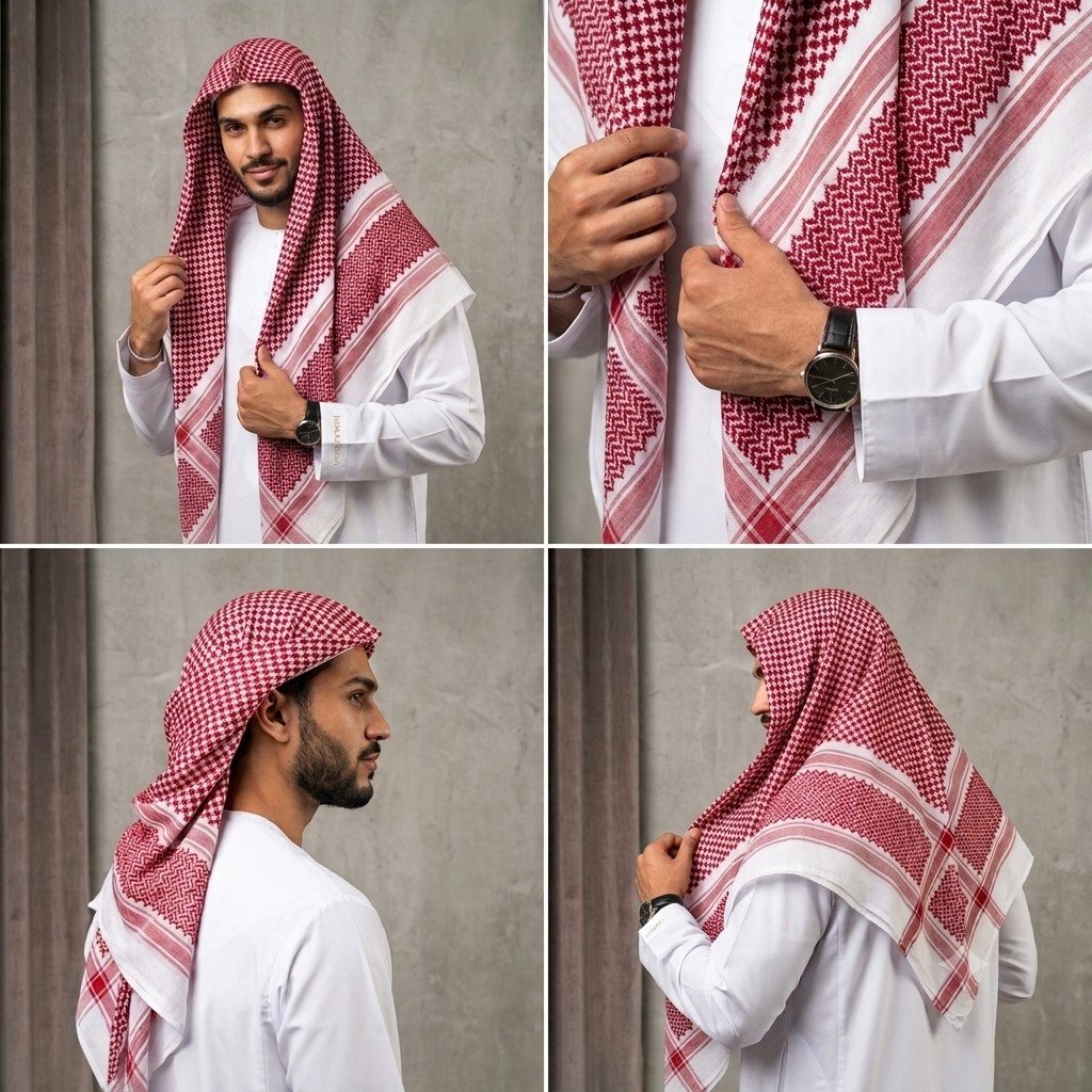 Red & White Shemagh Ghutrah Keffiyeh Scarf – Premium Arab Headscarf - Image 4